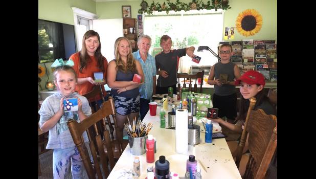Those attending woodworking class at Dottie Russell's was L-R Aselyn Grooms, Wren Dockray, Mikayla Robertson, Dottie Russell, Ryan Robertson, Justin Robertson, and Alanah Haas.