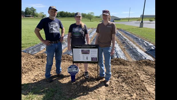 MU Extension in Ste. Genevieve is home to the first of three demonstration plots in the state to help develop standardized practices for growing lavender in Missouri. Pictured, from left: MU Extension horticulturists and project researchers Patrick Byers, Kelly McGowan and Kate Kammler.