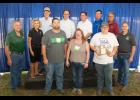 Front row: Jason, Becky and Chase Bowen, Caldwell County 2018 State Fair Farm Family; Back row: MO. State Fair Commissioners: Kevin Roberts, Sherry Jones and Jack Magruder; Blake Naughton, Assoc. Vice Chancellor for MU Extension & Engagement; Rob Kallenbach, Asst. Dean- MU College of Agriculture, Food and Natural Resources; Todd Hays, MO Farm Bureau Board of Director’s Vice President;  Mark Wolfe, MO. State Fair Director; Garrett Hawkins, Deputy Director Mo. Dept. of Agriculture.
